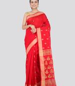 Red hand woven cotton silk saree with blouse