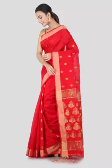 Red hand woven cotton silk saree with blouse