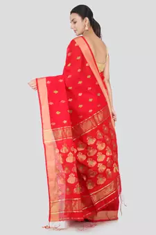 Red hand woven cotton silk saree with blouse