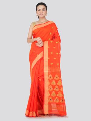 Orange hand woven cotton silk saree with blouse 1