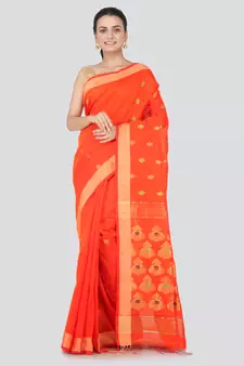 Orange hand woven cotton silk saree with blouse