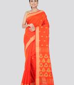 Orange hand woven cotton silk saree with blouse