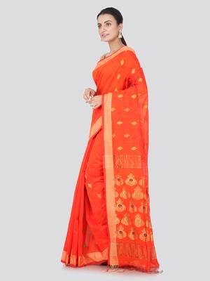 Orange hand woven cotton silk saree with blouse 2
