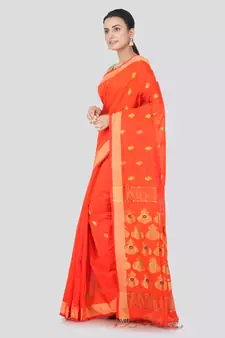 Orange hand woven cotton silk saree with blouse