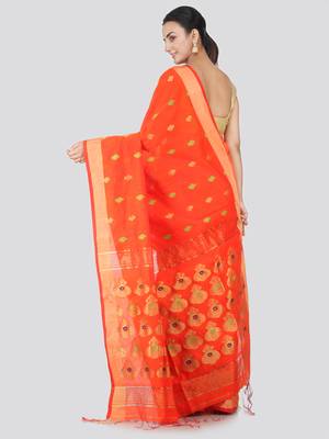 Orange hand woven cotton silk saree with blouse 3