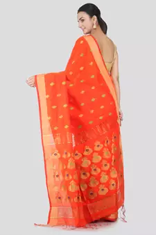 Orange hand woven cotton silk saree with blouse