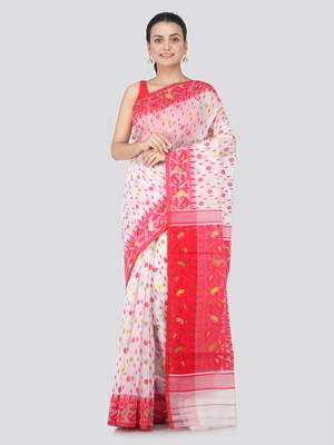 White Hand Woven Pure Cotton Saree Without Blouse 1