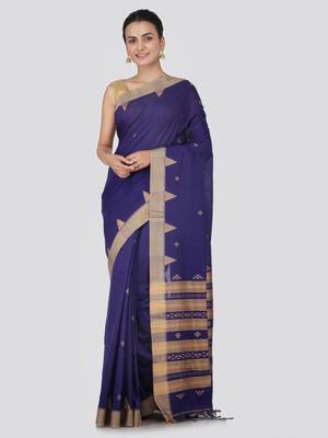 Blue hand woven pure cotton saree with blouse 1