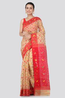 Beige Hand Woven Pure Cotton Saree Without Blouse