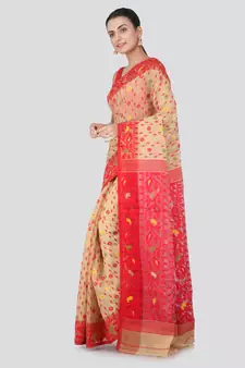 Beige Hand Woven Pure Cotton Saree Without Blouse