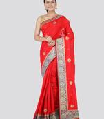 Red embroidered pure dupion silk saree with blouse