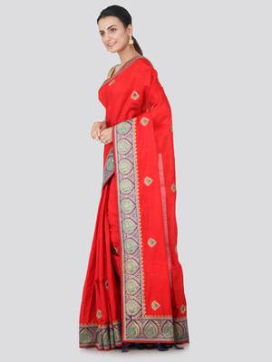 Red embroidered pure dupion silk saree with blouse 2