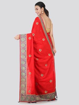 Red embroidered pure dupion silk saree with blouse 3