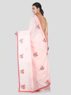 Red embroidered pure dupion silk saree with blouse 3