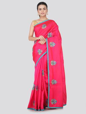 Pink embroidered pure dupion silk saree with blouse 1