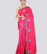 Pink embroidered pure dupion silk saree with blouse