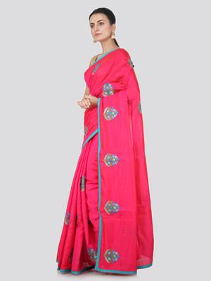 Pink embroidered pure dupion silk saree with blouse 2