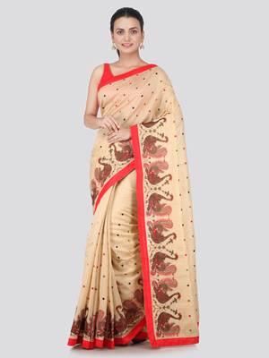 Beige embroidered pure dupion silk saree with blouse 1
