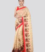 Beige embroidered pure dupion silk saree with blouse