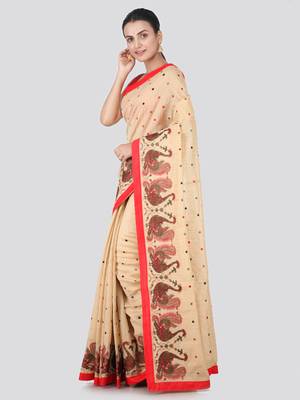 Beige embroidered pure dupion silk saree with blouse 2