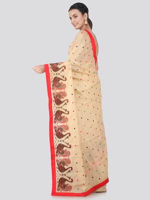 Beige embroidered pure dupion silk saree with blouse 3