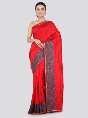 Red embroidered pure dupion silk saree with blouse 1