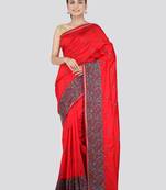 Red embroidered pure dupion silk saree with blouse