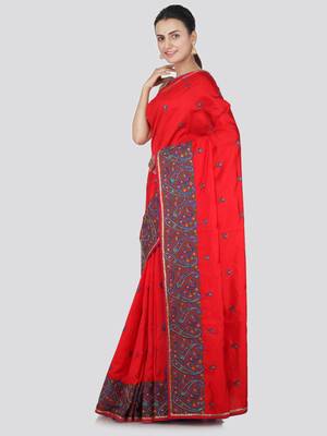 Red embroidered pure dupion silk saree with blouse 2