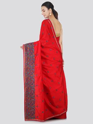 Red embroidered pure dupion silk saree with blouse 3