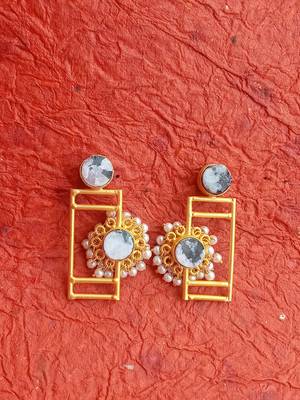 RozMili Traditional Brass metal Matte finish Gold Plated  Jaipuri stone Drop Earrings for Women & Girls 2