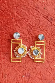 RozMili Traditional Brass metal Matte finish Gold Plated  Jaipuri stone Drop Earrings for Women & Girls