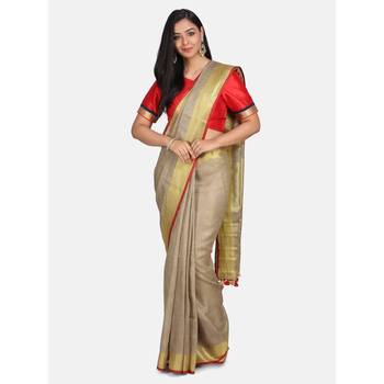 Golden hand woven linen saree with blouse 1