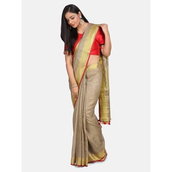 Golden hand woven linen saree with blouse 2