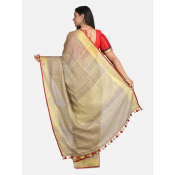 Golden hand woven linen saree with blouse 3