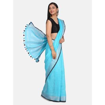 Blue woven linen saree with blouse 1