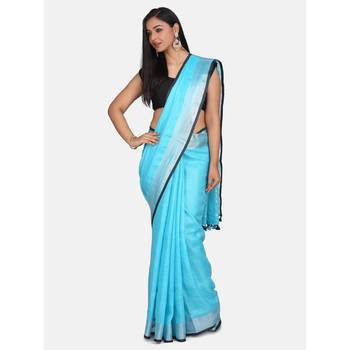 Blue woven linen saree with blouse 2