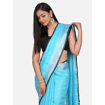 Blue woven linen saree with blouse 3