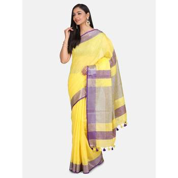 Yellow woven linen saree with blouse 1