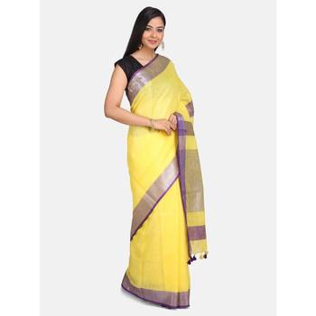 Yellow woven linen saree with blouse 2
