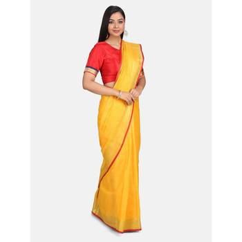 Yellow woven linen saree with blouse 1