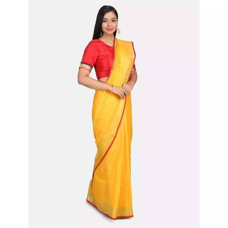Yellow woven linen saree with blouse