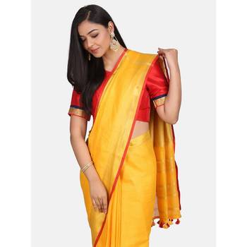 Yellow woven linen saree with blouse 2