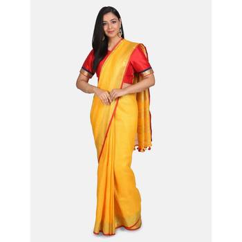 Yellow woven linen saree with blouse 5