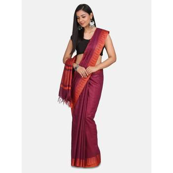 Red hand woven poly silk saree with blouse 1