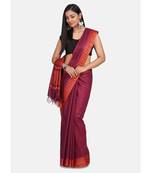 Red hand woven poly silk saree with blouse