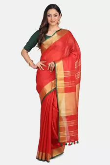 Red woven linen saree with blouse