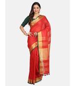 Red woven linen saree with blouse