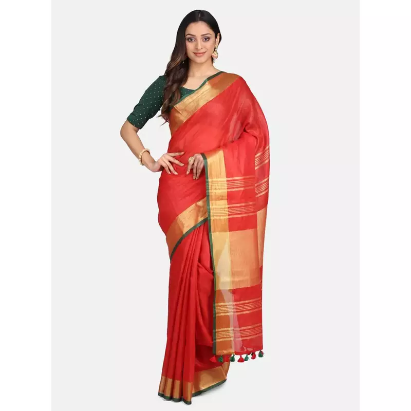 Red woven linen saree with blouse