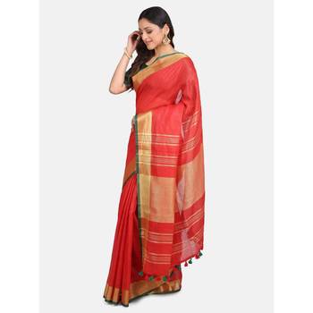 Red woven linen saree with blouse 2