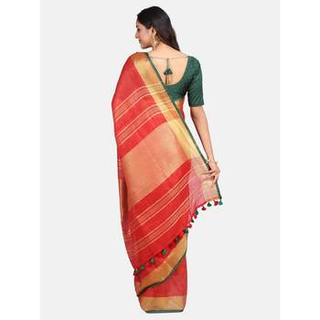 Red woven linen saree with blouse 3